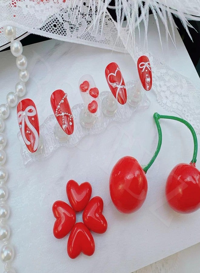 BSBTBZ 24pcs Valentine's Press On Nails Set Medium Almond Fake Nails 3D Love, Bow, Pearl & Gem Beads Rhinestones Design French False Nails Y2k Handmade Holiday Nail Red Heart Glue on Nails for Women - Image 5
